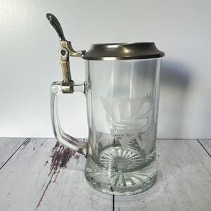 Winston Advertising Clear Glass Beer Stein Mug w/ Hinged Pewter Lid Silver